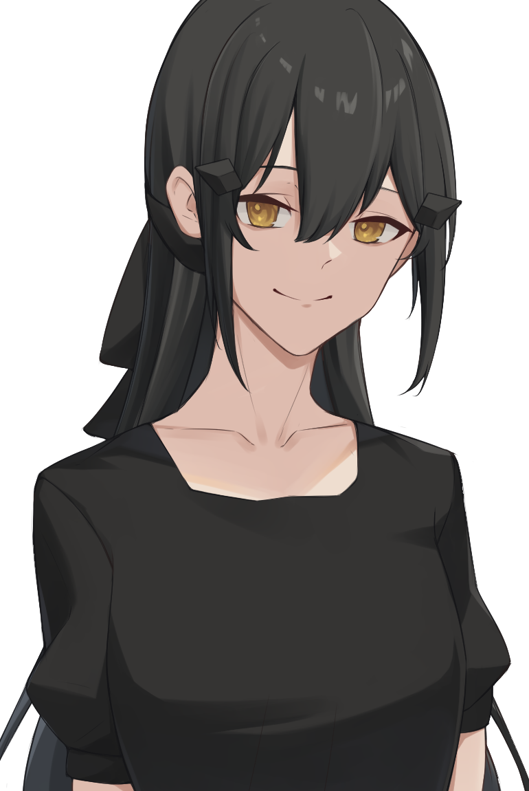 1girl act_(xadachit) bangs black_hair black_shirt breasts closed_mouth collarbone dandelion_(girls'_frontline) eyebrows_visible_through_hair girls_frontline hair_ornament hairclip long_hair looking_at_viewer shirt smile solo upper_body white_background yellow_eyes