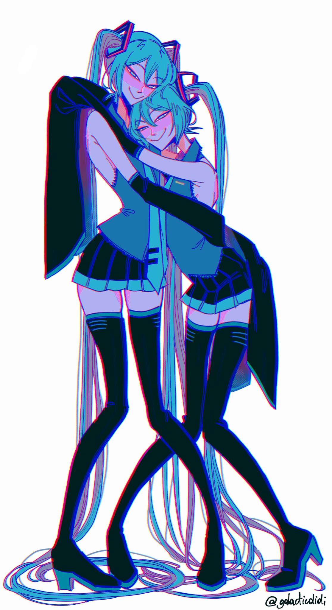 2girls absurdly_long_hair black_footwear black_skirt blue_eyes blue_hair blue_necktie blush boots collared_shirt detached_sleeves didi_(galacticdidi) english_commentary grey_shirt hatsune_miku highres hug long_hair looking_at_viewer multiple_girls necktie shirt skirt sleeveless sleeveless_shirt sleeves_past_fingers sleeves_past_wrists smile standing thigh-highs thigh_boots twintails twitter_username very_long_hair vocaloid white_background