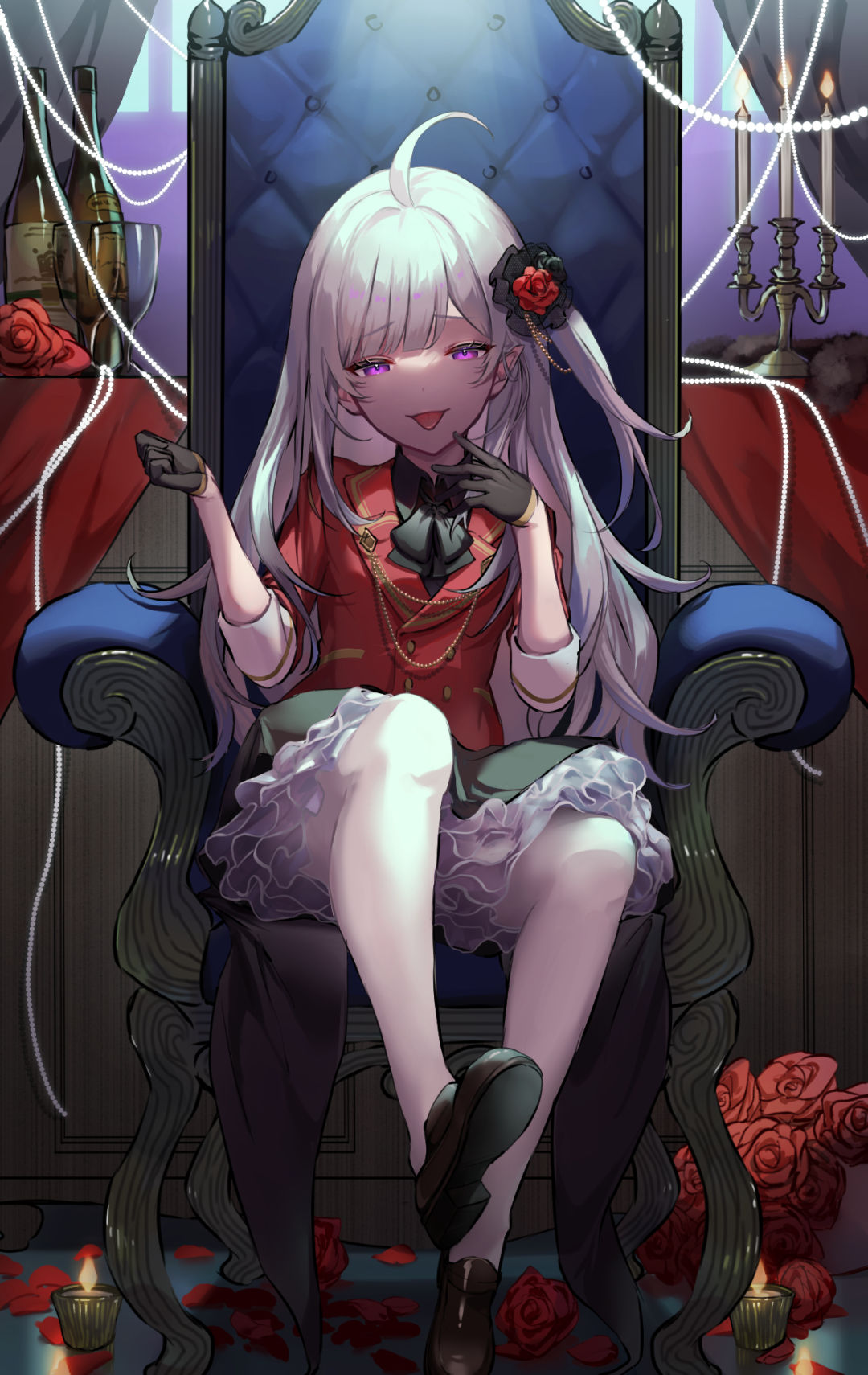 1girl ahoge candle cup drinking_glass flower hair_flower hair_ornament highres long_hair looking_at_viewer metatarou open_mouth original pantyhose sadism silver_hair skirt smile solo vampire violet_eyes wine_glass