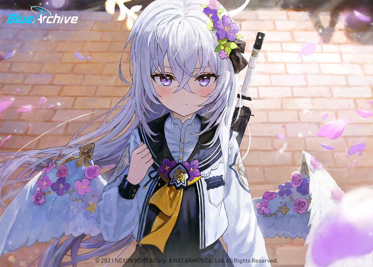 1girl assault_rifle azusa_(blue_archive) bangs black_sailor_collar blue_archive blush brick_floor closed_mouth crossed_bangs flower green_flower gun hair_between_eyes hair_flower hair_ornament halo leaf logo long_hair long_sleeves looking_at_viewer m4_carbine official_art petals pink_flower purple_flower rifle sailor_collar school_uniform solo sonchi very_long_hair violet_eyes weapon white_hair wings