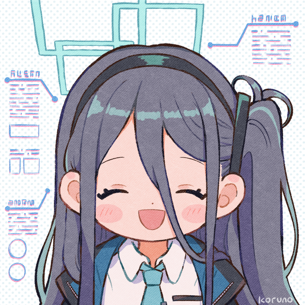 1girl :d ^_^ arisu_(blue_archive) bangs black_hair black_hairband black_jacket blue_archive blue_necktie blush_stickers closed_eyes facing_viewer hair_between_eyes hairband jacket koru_koruno long_hair necktie one_side_up open_clothes open_jacket polka_dot polka_dot_background signature smile solo upper_body white_background