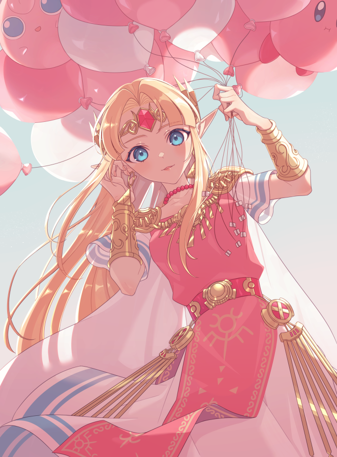 1girl armor balloon bangs bead_necklace beads belt bitikara blonde_hair blue_background blue_eyes blush bracer cape collarbone cowboy_shot dress earrings forehead_jewel gem gradient gradient_background hand_in_hair holding holding_balloon jewelry jigglypuff kirby kirby_(series) long_hair looking_at_viewer necklace parted_bangs parted_lips pauldrons pointy_ears pokemon pokemon_(creature) princess_zelda ruby_(gemstone) shoulder_armor smile solo_focus straight_hair super_smash_bros. tabard the_legend_of_zelda the_legend_of_zelda:_a_link_between_worlds very_long_hair white_cape white_dress