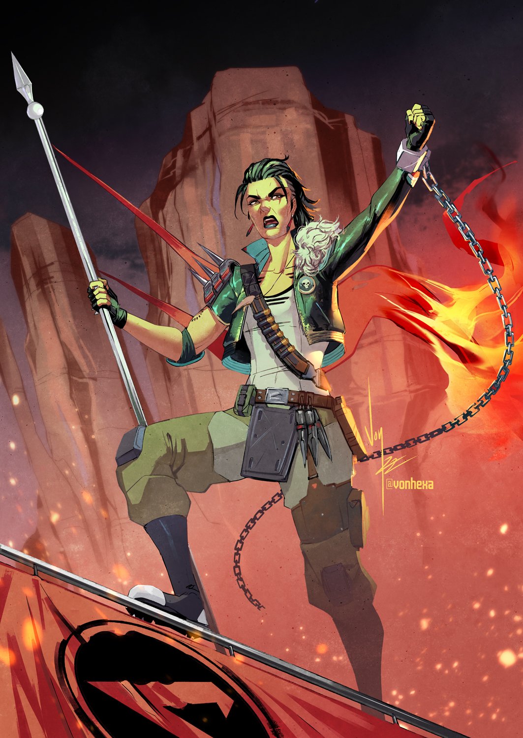 1girl apex_legends belt black_footwear black_gloves black_hair black_jacket black_lips boots brown_belt brown_eyes chain clenched_hand fingerless_gloves fire flag gloves green_pants highres holding holding_flag holding_polearm holding_weapon jacket looking_to_the_side mad_maggie_(apex_legends) open_mouth pants polearm shirt shoulder_spikes solo spear spikes twitter_username vontvirus weapon white_shirt