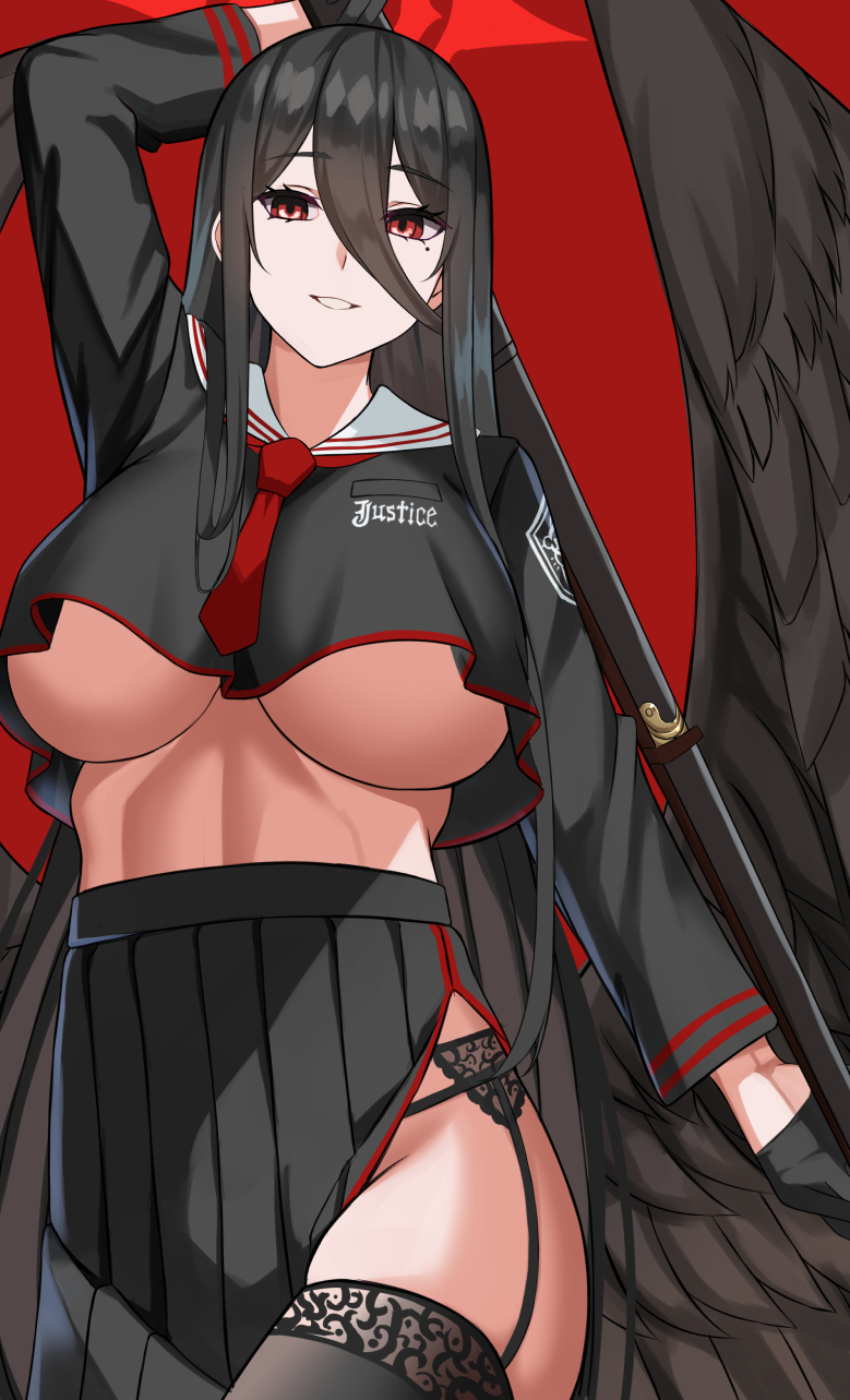 1girl black_gloves black_hair black_legwear black_skirt blue_archive breasts commentary_request gaitoou garter_belt garter_straps gloves gun hair_between_eyes hasumi_(blue_archive) highres large_breasts long_sleeves looking_at_viewer low_wings mole mole_under_eye parted_lips red_background red_eyes rifle school_uniform serafuku skindentation skirt smile solo thigh-highs under_boob weapon wings