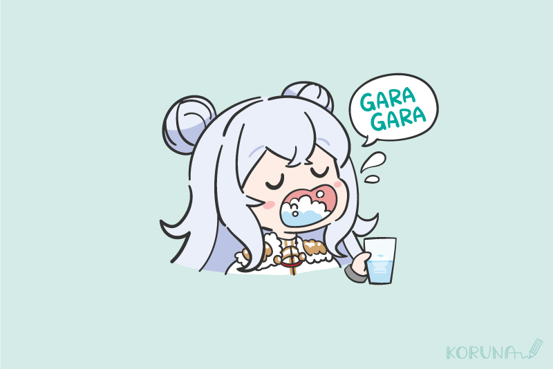 1girl azur_lane bangs chibi closed_eyes commentary_request cropped_torso cup disembodied_limb double_bun dress drink drinking_glass eyebrows_visible_through_hair fur_trim gargling green_background grey_hair holding holding_cup koru_koruno le_malin_(azur_lane) long_hair open_mouth romaji_commentary romaji_text signature simple_background solo translation_request upper_body wavy_mouth white_dress