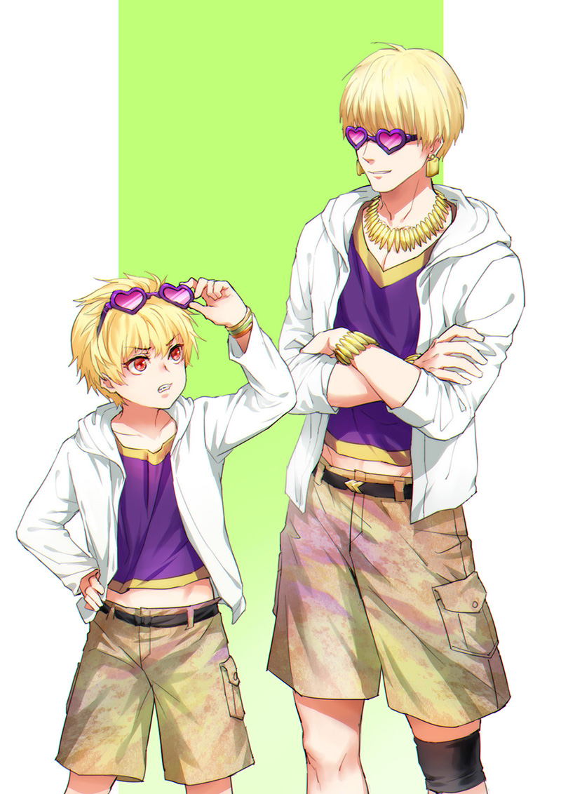 2boys blonde_hair changye child crossed_arms dual_persona earrings eyewear_on_head fate/grand_order fate/hollow_ataraxia fate_(series) gilgamesh_(fate) heart heart-shaped_eyewear hood hoodie jewelry male_focus midriff_peek multiple_boys necklace older red_eyes single_leg_warmer sunglasses v-neck white_hoodie younger