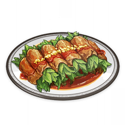 artist_request commentary english_commentary food food_focus garnish genshin_impact lowres meat mint no_humans official_art plate sauce still_life third-party_source transparent_background