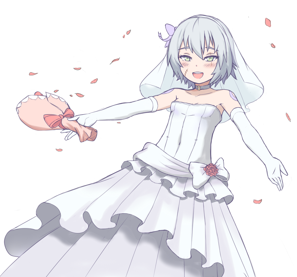 1girl :d blush bouquet bow bridal_veil dress elbow_gloves fate/grand_order fate_(series) flower gloves grey_choker grey_hair hair_bow holding holding_bouquet jack_the_ripper jalm looking_at_viewer medium_hair open_mouth outstretched_arms pink_flower pink_rose purple_bow red_bow rose scar scar_across_eye smile solo spread_arms veil wedding_dress white_bow white_dress white_gloves