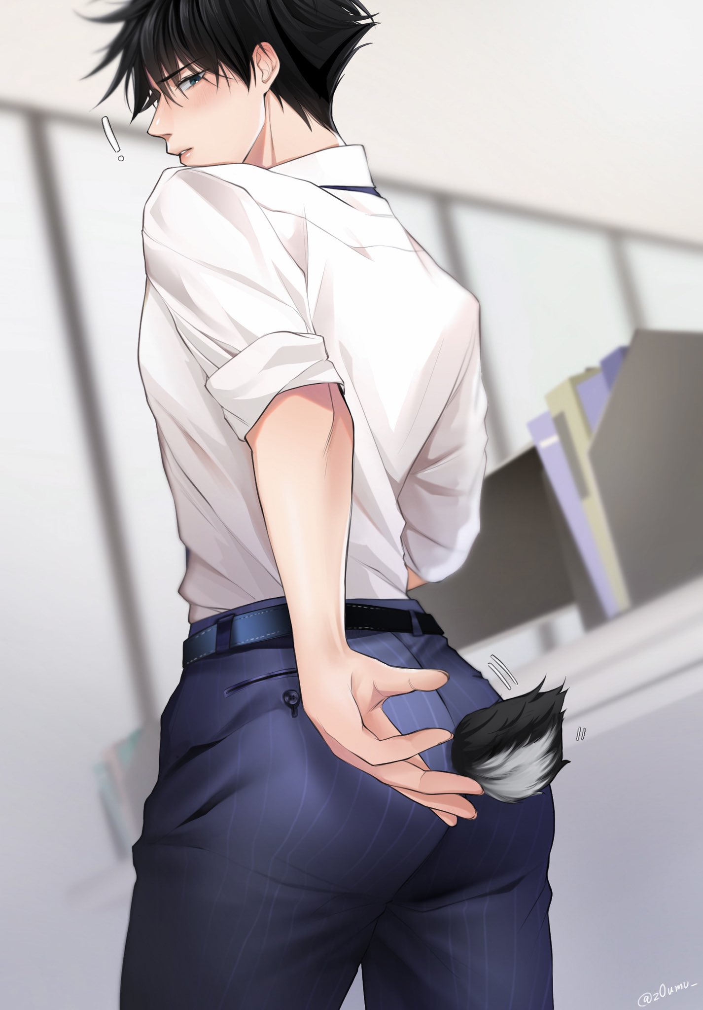 ! 1boy ass back bangs belt black_belt black_hair black_pants blue_eyes blurry blurry_background blush collared_shirt eyebrows_visible_through_hair fushiguro_megumi highres jujutsu_kaisen looking_back male_focus pants parted_lips shirt short_hair sleeves_rolled_up solo tail twitter_username white_shirt z0umu