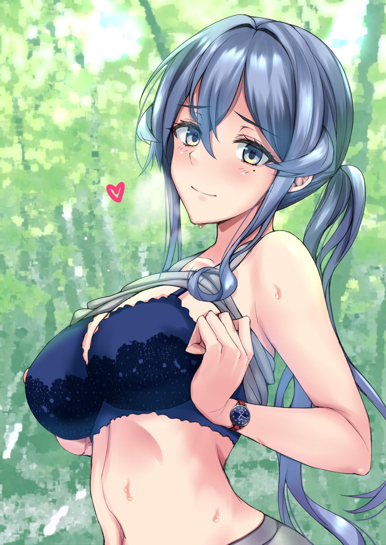 1girl bangs blue_bra blue_eyes blue_hair blush bra breasts breath commentary_request eyebrows_visible_through_hair eyelashes gotland_(kancolle) grey_background half-closed_eyes heart highres kantai_collection kuurunaitsu large_breasts long_hair looking_at_viewer mole mole_under_eye open_mouth ponytail sidelocks solo sports_bra swedish_flag underwear upper_body watch watch