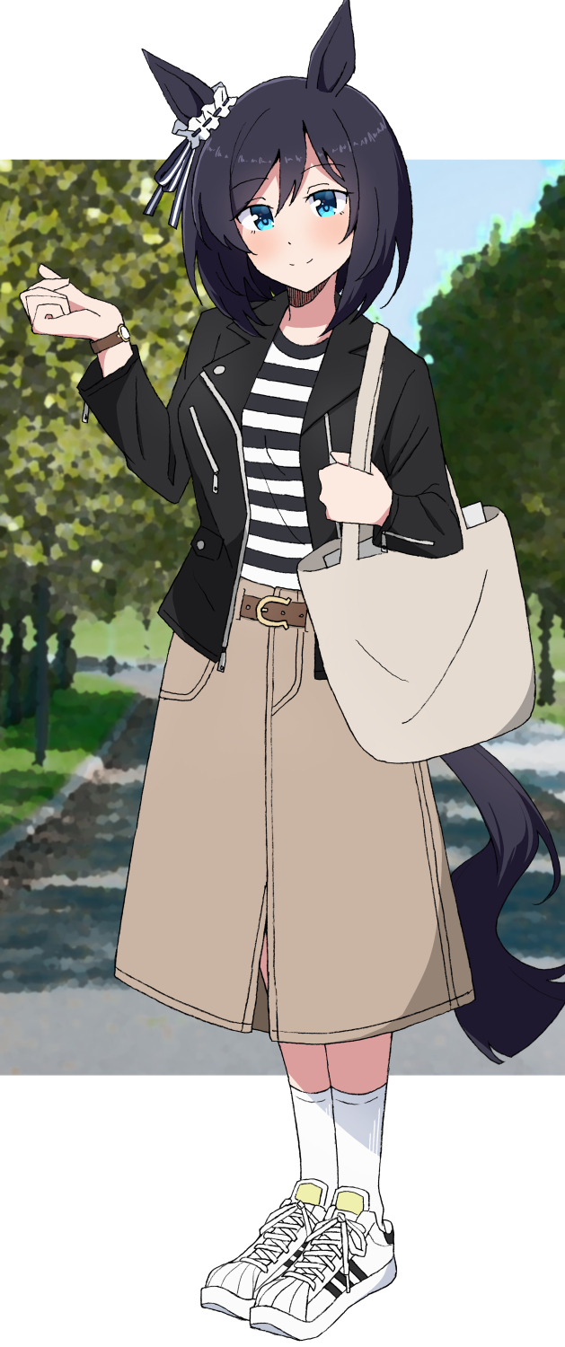 1girl animal_ears bag bangs belt black_hair black_jacket blue_eyes blush brown_belt brown_skirt closed_mouth commentary_request ear_ornament eishin_flash_(umamusume) full_body highres horse_ears horse_girl horse_tail jacket kneehighs long_sleeves nel-c open_clothes open_jacket outdoors shirt shoes short_hair shoulder_bag skirt sneakers solo standing striped striped_shirt tail umamusume watch watch white_footwear white_legwear