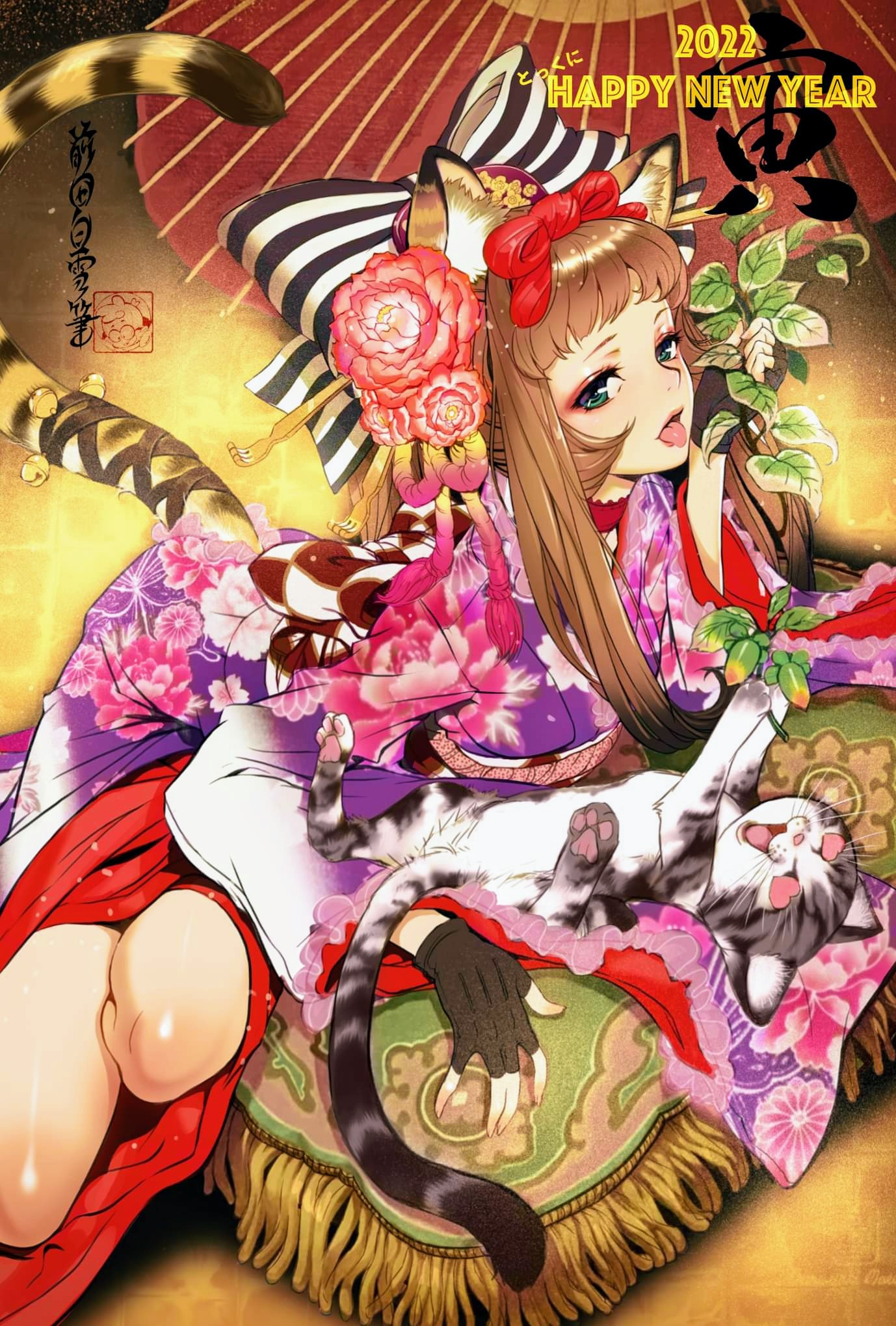 1girl 2022 animal_ears bangs black_bow black_gloves blue_eyes bow brown_hair cat chinese_zodiac eyeshadow fingerless_gloves gloves hair_bow happy_new_year heart heart_eyes highres japanese_clothes kimono leaf long_hair maeda_hiroyuki makeup matatabi_(flower) new_year original pillow purple_kimono red_bow red_eyeshadow smile solo tail tiger_ears tiger_girl tiger_tail tongue tongue_out year_of_the_tiger