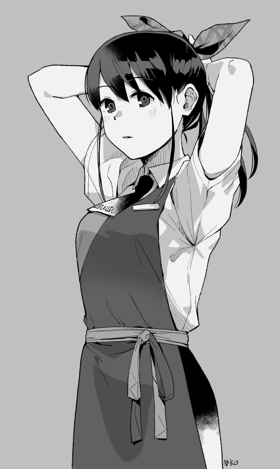 1girl adjusting_hair apron arms_up bangs banned_artist breasts c2_kikan eyebrows_visible_through_hair greyscale hair_ribbon long_hair looking_at_viewer makio_(makiomeigenbot) medium_breasts monochrome parted_lips ponytail re-ka-chan ribbon shirt short_sleeves signature simple_background solo symbol-only_commentary