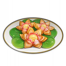 artist_request commentary dessert dew_drop english_commentary food food_focus genshin_impact leaf lowres no_humans official_art plate still_life third-party_source transparent_background water_drop