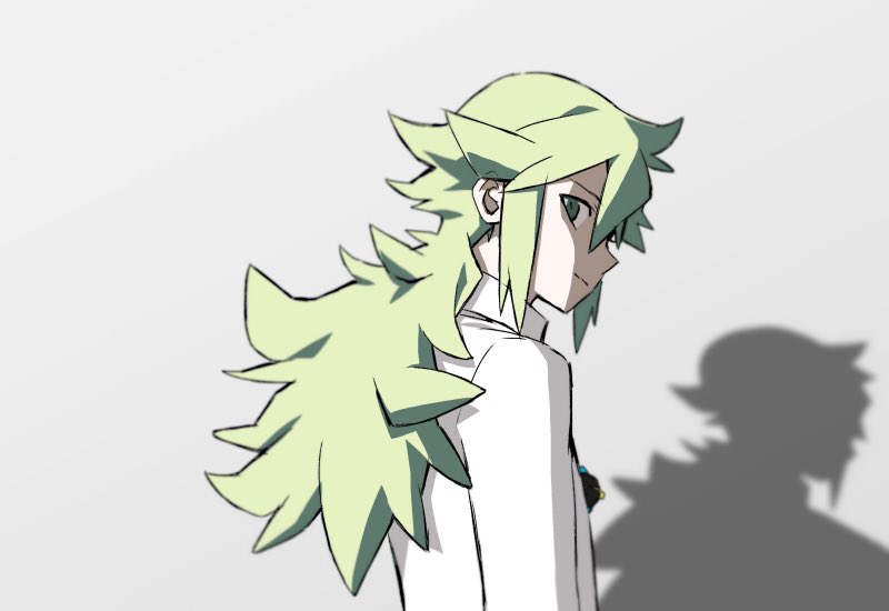 1boy bangs blurry closed_mouth collared_shirt cowlick green_eyes green_hair grey_background long_hair looking_at_viewer male_focus n_(pokemon) pokemon pokemon_(game) pokemon_bw ponytail shirt sidelocks solo upper_body white_shirt yoko.u