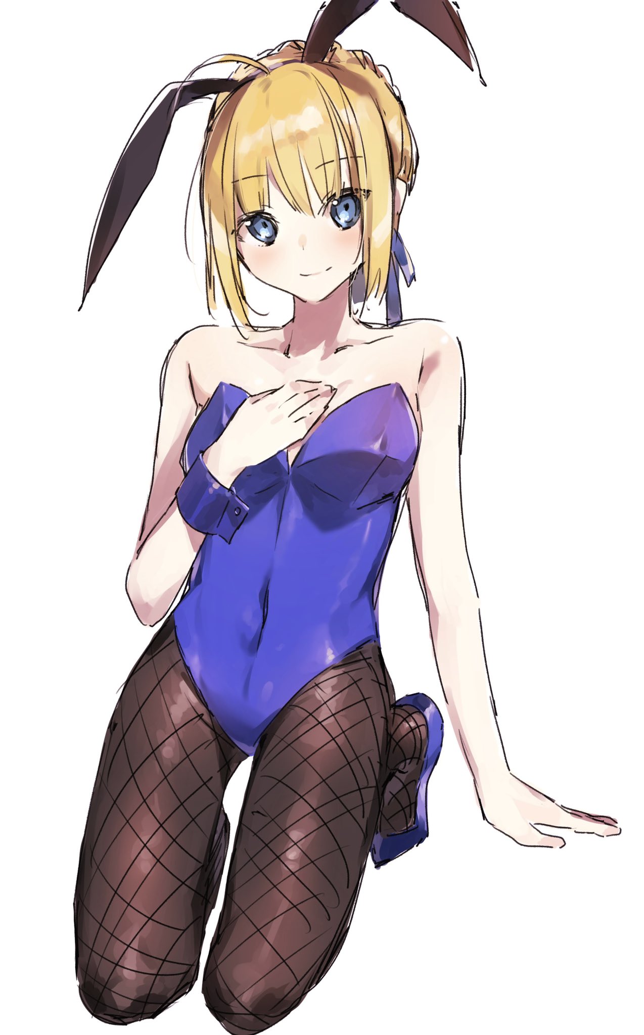 1girl ahoge animal_ears arm_support artoria_pendragon_(fate) blonde_hair blue-ringed_octopus blue_eyes blue_footwear blue_leotard blush braid breasts collarbone covered_navel fate/stay_night fate_(series) fishnet_legwear fishnets french_braid hand_on_own_chest high_heels highres kneeling leotard looking_at_viewer rabbit_ears shigure_(shigure_43) sketch small_breasts smile solo thighs white_background wrist_cuffs