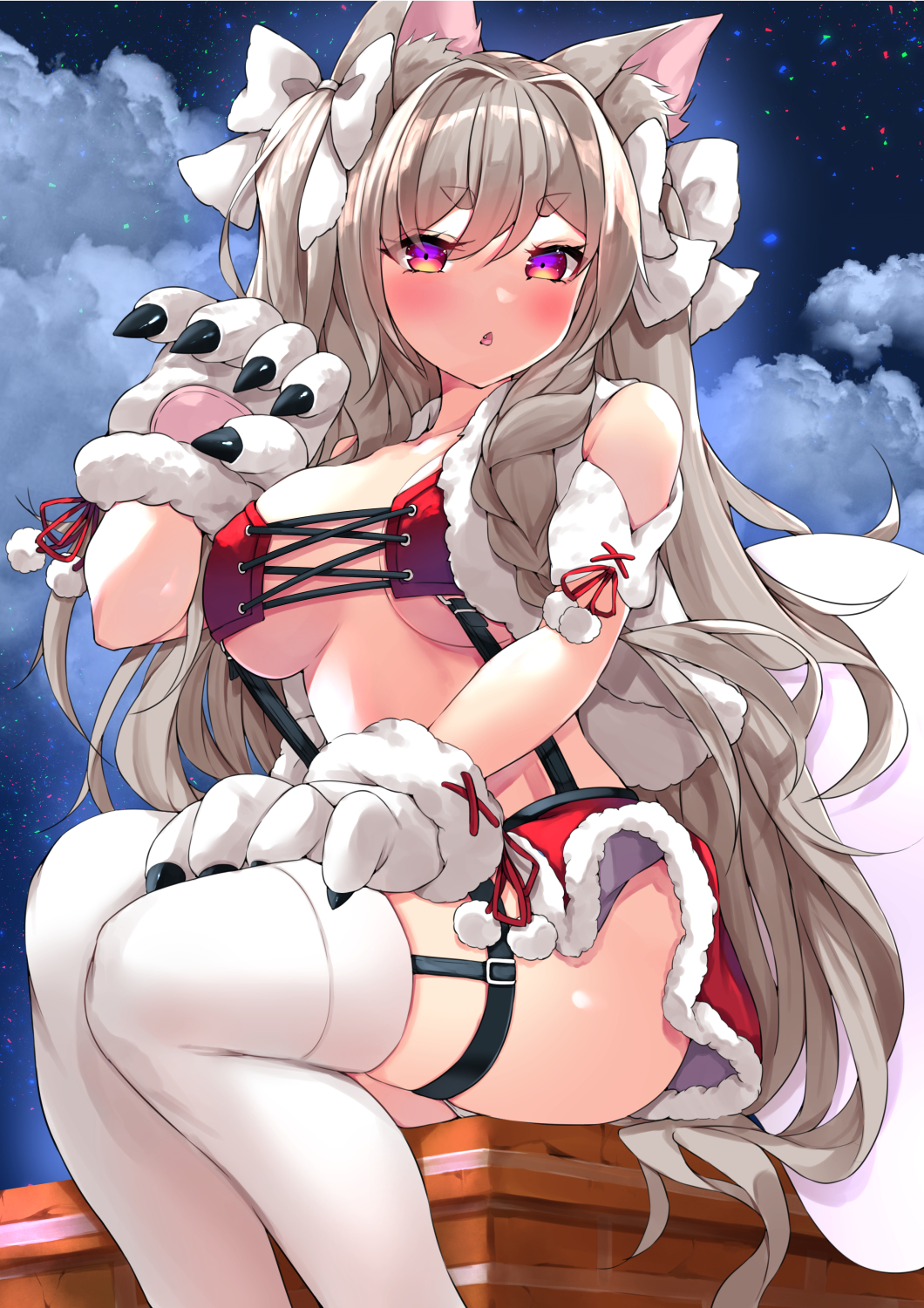 1girl animal_ear_fluff animal_ears animal_hands azur_lane bare_shoulders bow braid brown_hair chimney claw_pose claws clothing_cutout clouds cloudy_sky collarbone covered_nipples crack eyebrows_visible_through_hair eyelashes eyes_visible_through_hair fang fur_trim hair_bow highres light_brown_hair long_eyelashes long_hair multicolored_eyes open_mouth outdoors red_ribbon ribbon ryoutsu shoulder_cutout sitting skindentation sky solo star_(sky) starry_sky thigh-highs tongue triangle_mouth twintails very_long_hair violet_eyes white_bow white_legwear yellow_eyes yuudachi_(azur_lane)