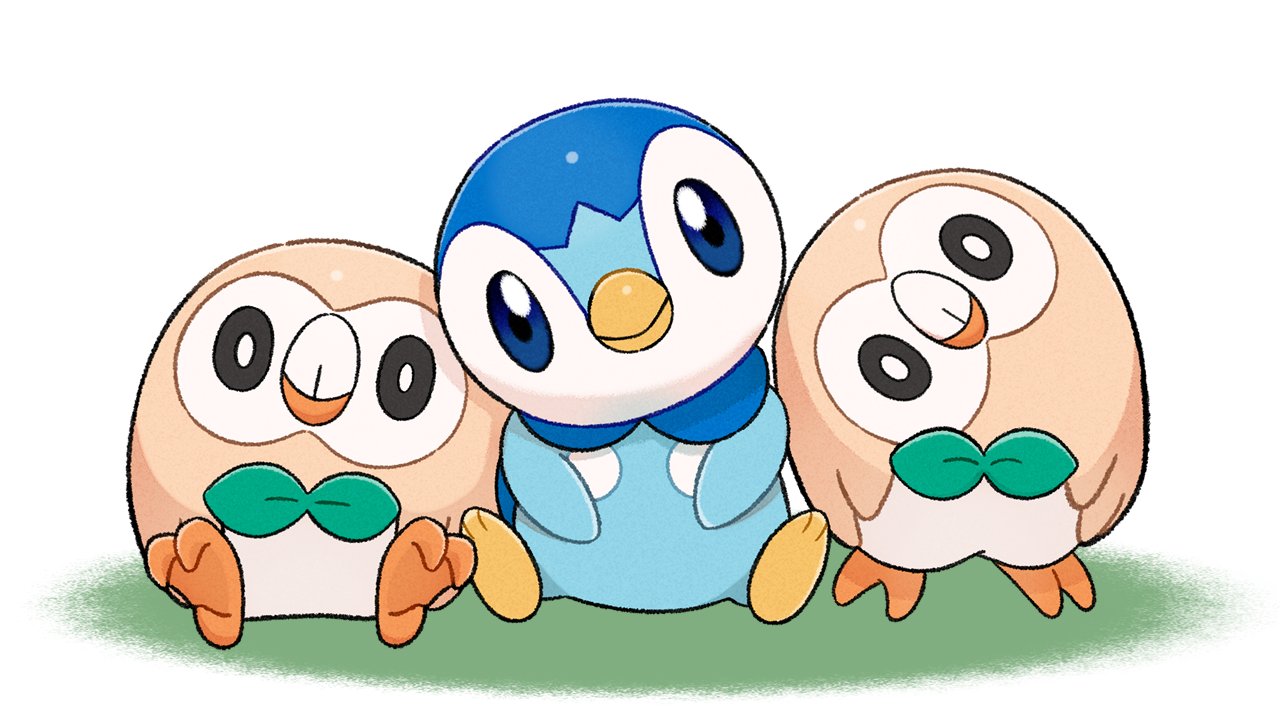 animal_focus black_eyes blue_eyes closed_mouth commentary_request creature head_tilt no_humans official_art piplup pokemon pokemon_(creature) project_pochama rowlet sitting smile white_background