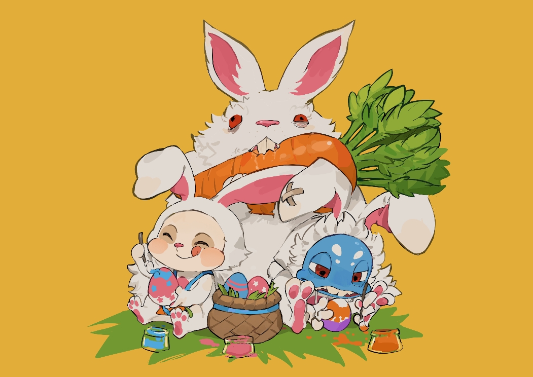 2boys :q animal animal_costume animal_ears basket blue_skin blush_stickers bunny_costume carrot closed_eyes colored_skin cottontail_fizz cottontail_teemo egg fake_animal_ears fish_boy fizz_(league_of_legends) ghostgrass holding league_of_legends male_focus multiple_boys open_mouth orange_background oversized_animal paintbrush rabbit rabbit_ears red_eyes simple_background sitting smile teemo teeth tongue tongue_out yordle