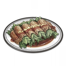 artist_request commentary english_commentary food food_focus garnish genshin_impact lowres meat mint muted_color no_humans official_art plate sauce still_life third-party_source transparent_background