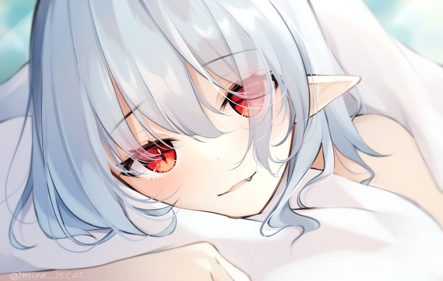 1girl bangs bare_shoulders blanket blush commentary_request eyelashes eyes_visible_through_hair fang fang_out light_blue_hair looking_at_viewer lying miy@ on_stomach parted_lips pillow pointy_ears red_eyes remilia_scarlet shiny shiny_hair short_hair sidelocks slit_pupils solo touhou under_covers wavy_hair