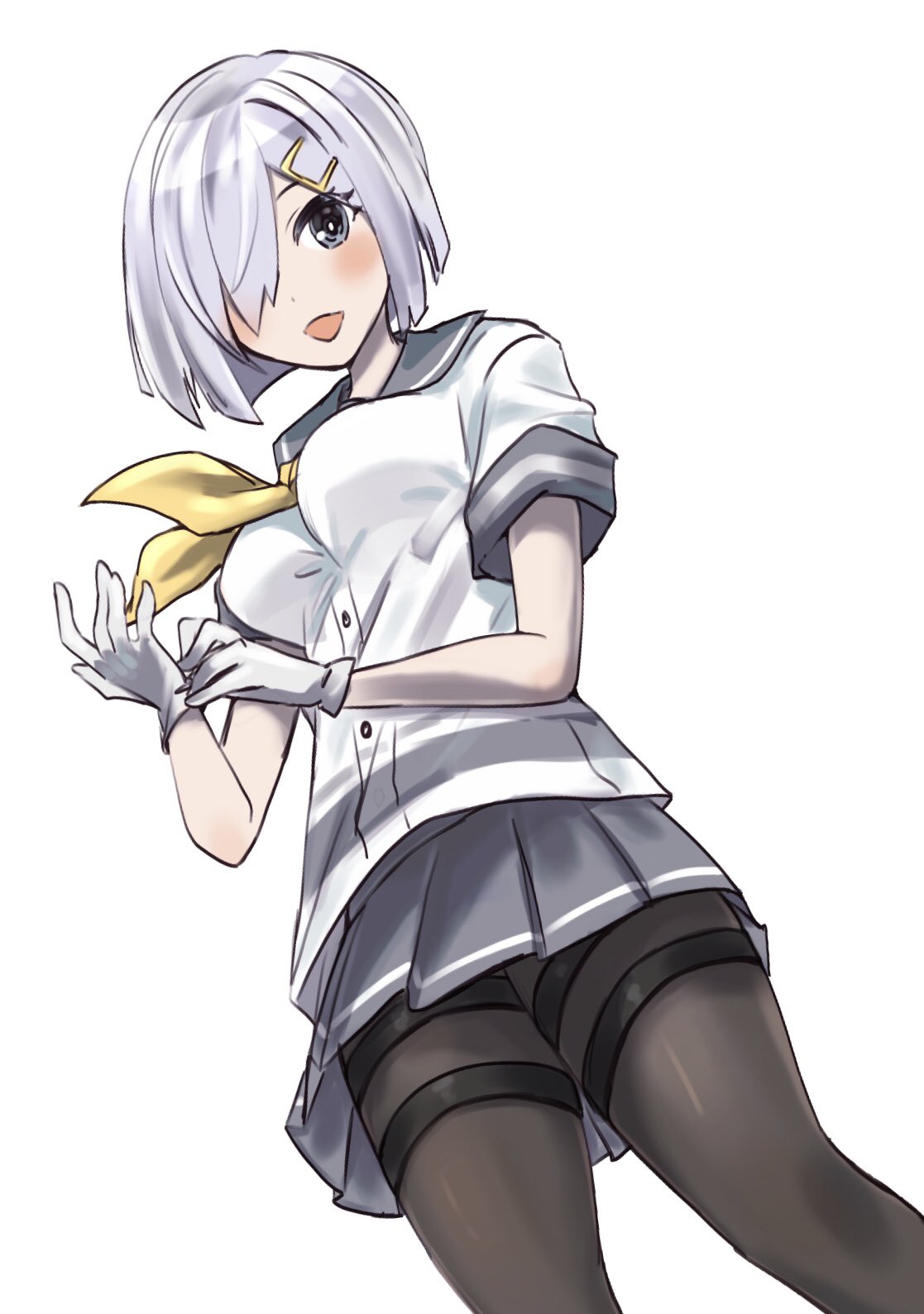 1girl adjusting_clothes adjusting_gloves bangs black_legwear blush breasts gloves grey_eyes grey_sailor_collar grey_skirt hair_ornament hairclip hamakaze_(kancolle) highres kantai_collection looking_at_viewer medium_breasts neckerchief nikai_kara_momoshio one-hour_drawing_challenge open_mouth pantyhose pleated_skirt sailor_collar school_uniform serafuku short_hair silver_hair simple_background skirt solo white_background white_gloves yellow_neckerchief