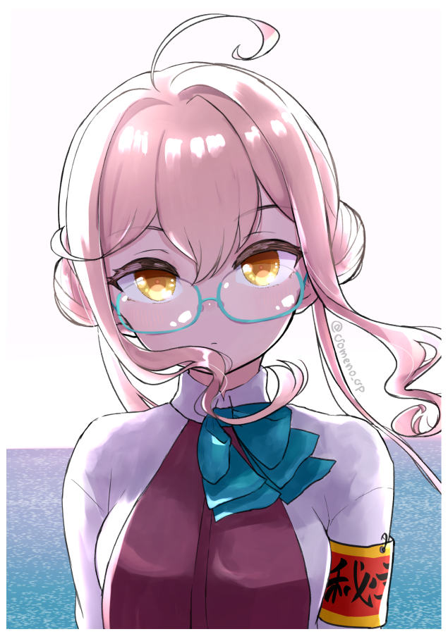 1girl aqua-framed_eyewear armband bangs blue_neckwear closed_mouth double_bun dress glasses hair_between_eyes kantai_collection long_hair looking_at_viewer makigumo_(kancolle) pink_hair purple_dress school_uniform shirt sidelocks simple_background solo someno_haru twintails twitter_username upper_body white_shirt yellow_eyes