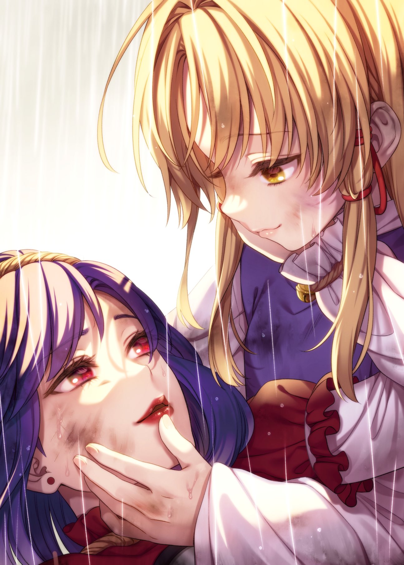 2girls blonde_hair earrings ears eye_contact grey_background hand_on_another's_face highres jewelry light_smile lips long_hair looking_at_another moriya_suwako multiple_girls no_hat no_headwear nora_wanko parted_lips profile purple_hair red_eyes rope shimenawa simple_background touhou upper_body yasaka_kanako yellow_eyes yuri