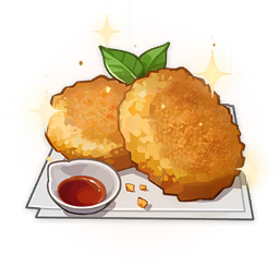 artist_request bowl commentary english_commentary food food_focus genshin_impact hash_browns jam leaf lowres napkin no_humans official_art sparkle still_life third-party_source transparent_background