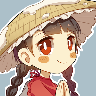 1girl ajirogasa black_hair blush blush_stickers braid capelet closed_mouth dress eyebrows_visible_through_hair grey_background grey_dress hat keiko_(emoticon) long_hair lowres portrait red_capelet red_eyes simple_background smile solo touhou twin_braids yatadera_narumi