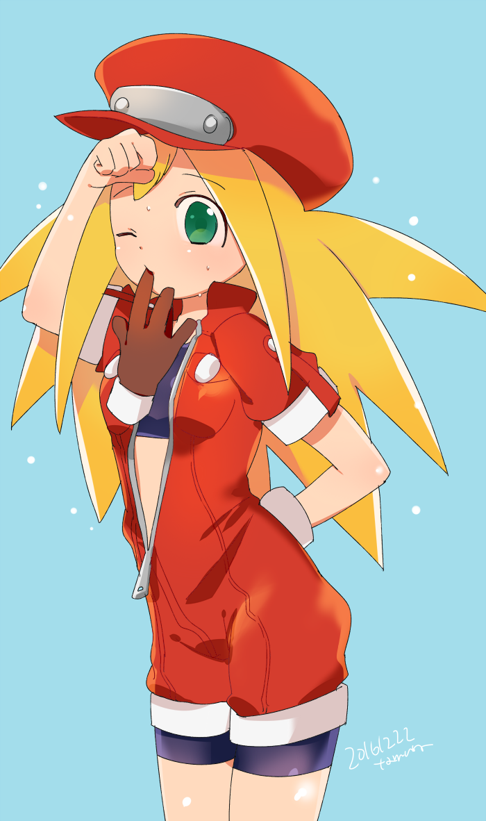 1girl bike_shorts blonde_hair breasts brown_gloves cabbie_hat dated gloves green_eyes hat long_hair looking_at_viewer mega_man_(series) mega_man_legends red_headwear roll_caskett_(mega_man) simple_background solo sweat tamura_en