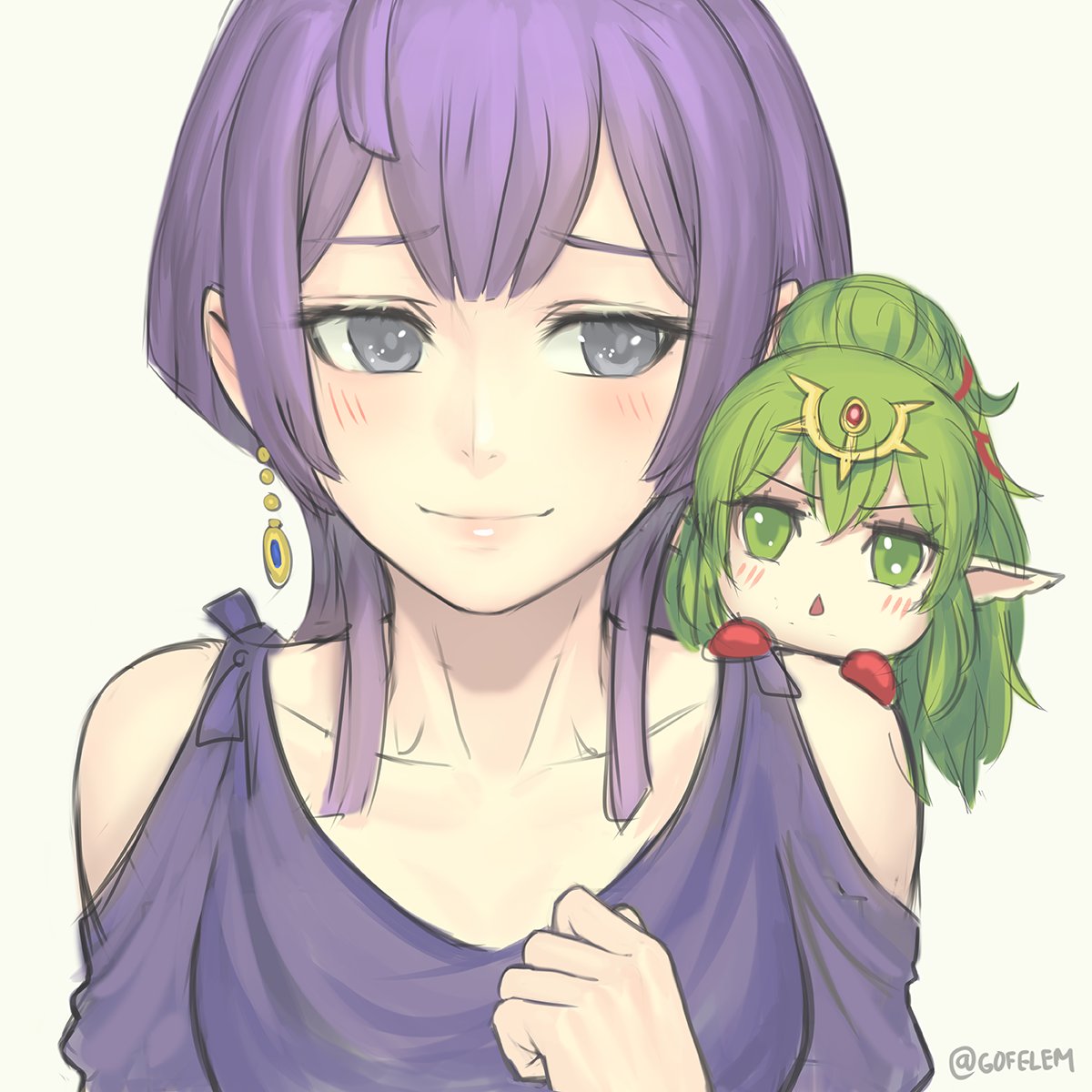 2girls artist_name bernadetta_von_varley chibi commentary earrings eyebrows_visible_through_hair fire_emblem fire_emblem:_three_houses fire_emblem_awakening fire_emblem_heroes gofelem green_eyes green_hair grey_eyes hair_between_eyes highres jewelry looking_at_another looking_at_viewer medium_hair multiple_girls pointy_ears ponytail purple_hair simple_background smile tiki_(fire_emblem) twitter_username upper_body watermark white_background