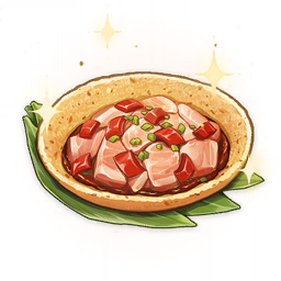 artist_request bowl chili_pepper commentary english_commentary food food_focus garnish genshin_impact leaf lowres meat no_humans official_art sparkle still_life third-party_source transparent_background