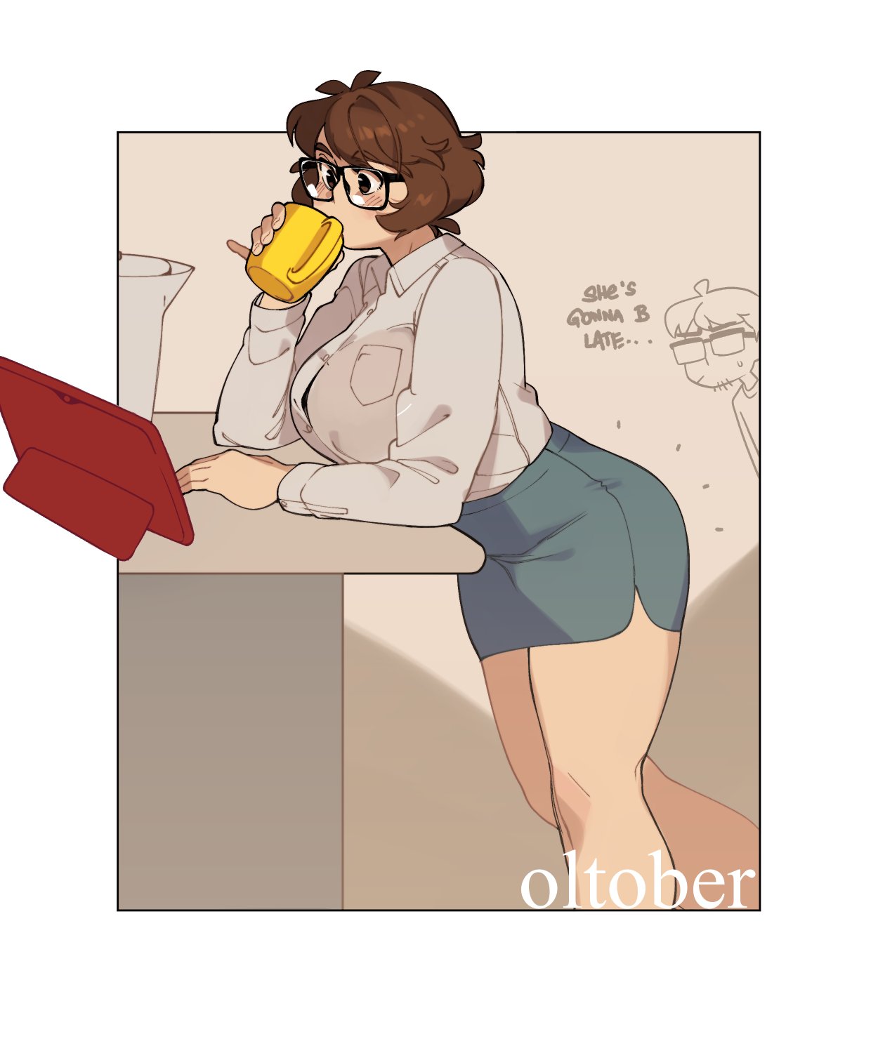 1boy 1girl artist_self-insert bangs blush border breasts brown_eyes brown_hair collared_shirt cup drinking english_commentary eyebrows_visible_through_hair glasses grey_skirt highres holding holding_cup large_breasts leaning_forward mug office_lady original shirt short_hair skirt snowcie snowciel solo_focus tablet_pc white_background white_border white_shirt