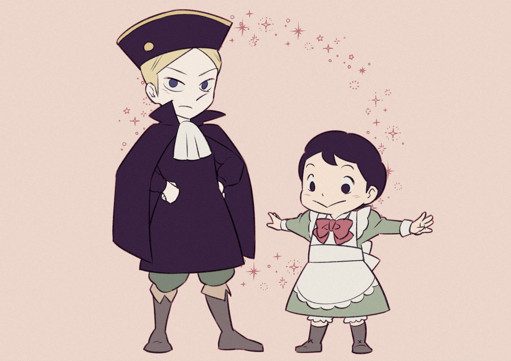 2boys :&gt; alternate_costume ascot bangs black_cape black_eyes black_hair black_headwear blonde_hair blush bojji boots brothers brown_footwear cape closed_mouth commentary_request crossdressing daida dress green_dress green_pants hat long_sleeves looking_down male_focus multiple_boys nikomi_(nikomix) ousama_ranking outstretched_arms pants popped_collar short_hair siblings smile standing white_ascot