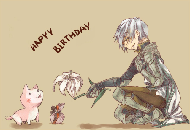 1boy :3 armor armored_boots azumi_on bangs boots brown_background brown_pants cape cat chainmail commentary_request flower full_body gauntlets gift grey_hair happy_birthday holding holding_flower knight_(ragnarok_online) pants parted_lips pauldrons pink_cat ragnarok_online short_hair shoulder_armor smile solo squatting white_cape