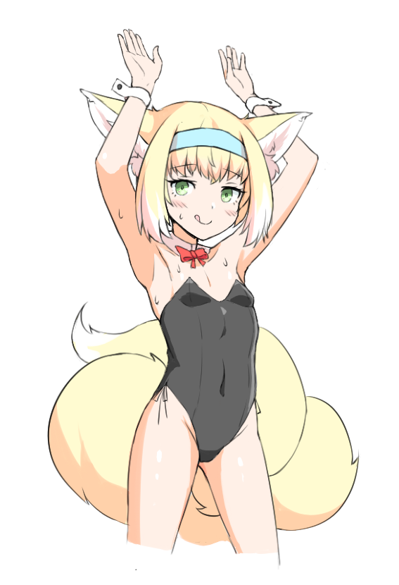 1girl :q animal_ears arknights armpits black_leotard blue_hairband blush bow bowtie commentary english_commentary fox_ears fox_tail green_eyes hairband hands_up highleg highleg_leotard jalm leotard looking_at_viewer multiple_tails red_bow red_bowtie side-tie_leotard simple_background smile solo standing suzuran_(arknights) tail tongue tongue_out white_background
