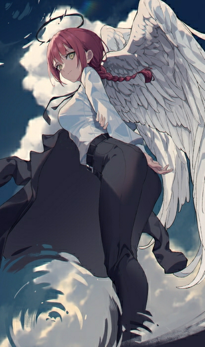 1girl angel_wings arm_behind_back bangs bankongping belt black_jacket black_pants blonde_hair braid breasts chainsaw_man closed_mouth clouds commentary dark_halo from_below full_body jacket large_breasts legs_together long_hair looking_at_viewer makima_(chainsaw_man) pants shirt sitting sky smile solo standing water waving white_shirt white_wings wings