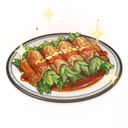 artist_request commentary english_commentary food food_focus garnish genshin_impact lowres meat mint no_humans official_art plate sauce sparkle still_life third-party_source transparent_background