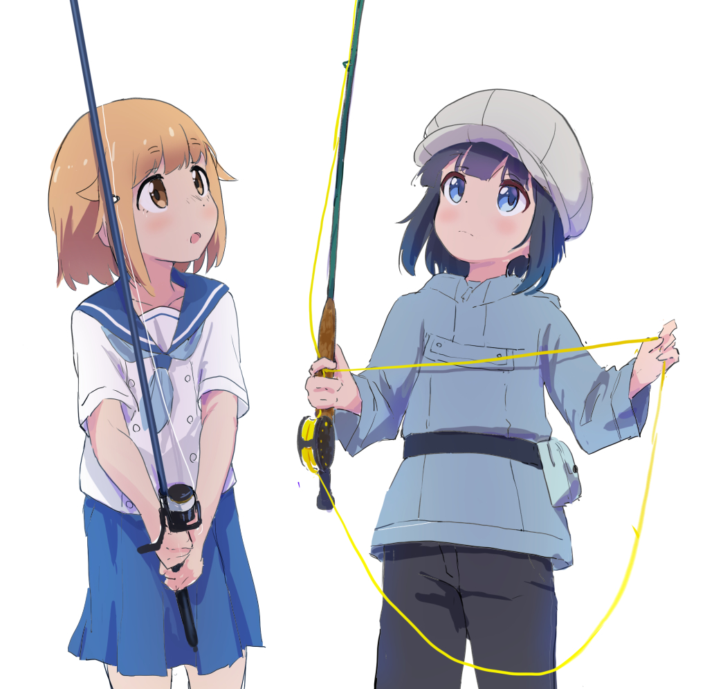 :o belt belt_pouch black_hair black_pants blonde_hair blue_eyes blue_jacket blue_skirt blush brown_eyes cabbie_hat cowboy_shot crossover fishing fishing_line fishing_rod fly_reel hat houkago_teibou_nisshi jacket minagi_hiyori murairamuraiari pants pouch school_uniform serafuku simple_background skirt slow_loop spinning_reel tsurugi_hina white_background white_headwear