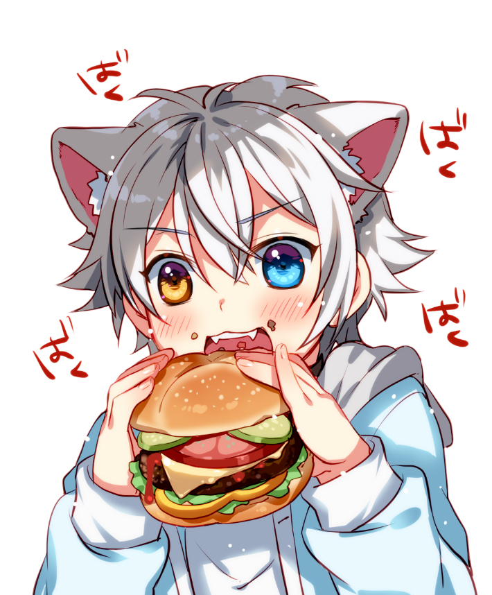 1boy animal_ears burger cat_boy cat_ears commentary eating english_commentary eyebrows_visible_through_hair food ginziro525 ginziro525_(vtuber) hair_between_eyes heterochromia holding holding_food indie_virtual_youtuber male_focus meal silver_hair teeth virtual_youtuber white_background