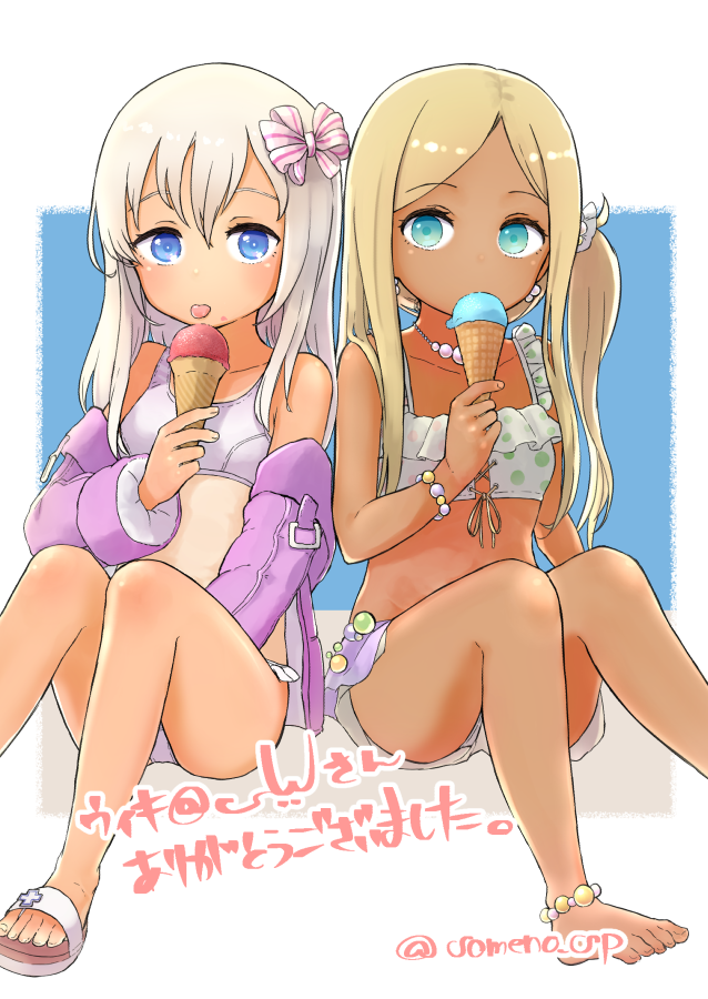 2girls anklet bangs barefoot bead_anklet bead_bracelet beads bikini blonde_hair blue_eyes blush bow bracelet commission crossover earrings flat_chest food hair_between_eyes hair_bow ice_cream ice_cream_cone idolmaster idolmaster_cinderella_girls jacket jewelry kantai_collection layla_(idolmaster) long_hair long_sleeves looking_at_viewer multiple_girls necklace official_alternate_costume one_side_up open_clothes open_jacket pink_jacket polka_dot polka_dot_bikini ro-500_(kancolle) sandals simple_background sitting skeb_commission someno_haru swimsuit tan tanlines tongue tongue_out twitter_username two-tone_background white_bikini white_hair