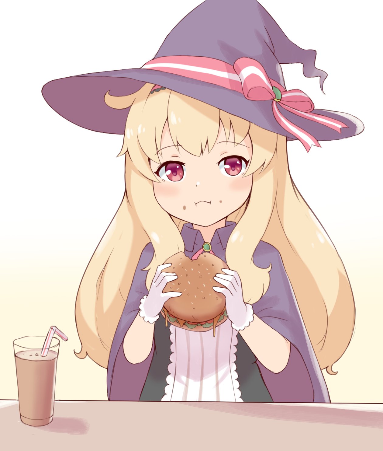 1girl :i blonde_hair blush burger chocolate_milk cloak closed_mouth cup drinking_glass drinking_straw food food_on_face gloves gradient gradient_background hat highres holding holding_food jalm little_witch_nobeta long_hair looking_at_viewer nobeta purple_cloak purple_headwear red_eyes solo white_background white_gloves