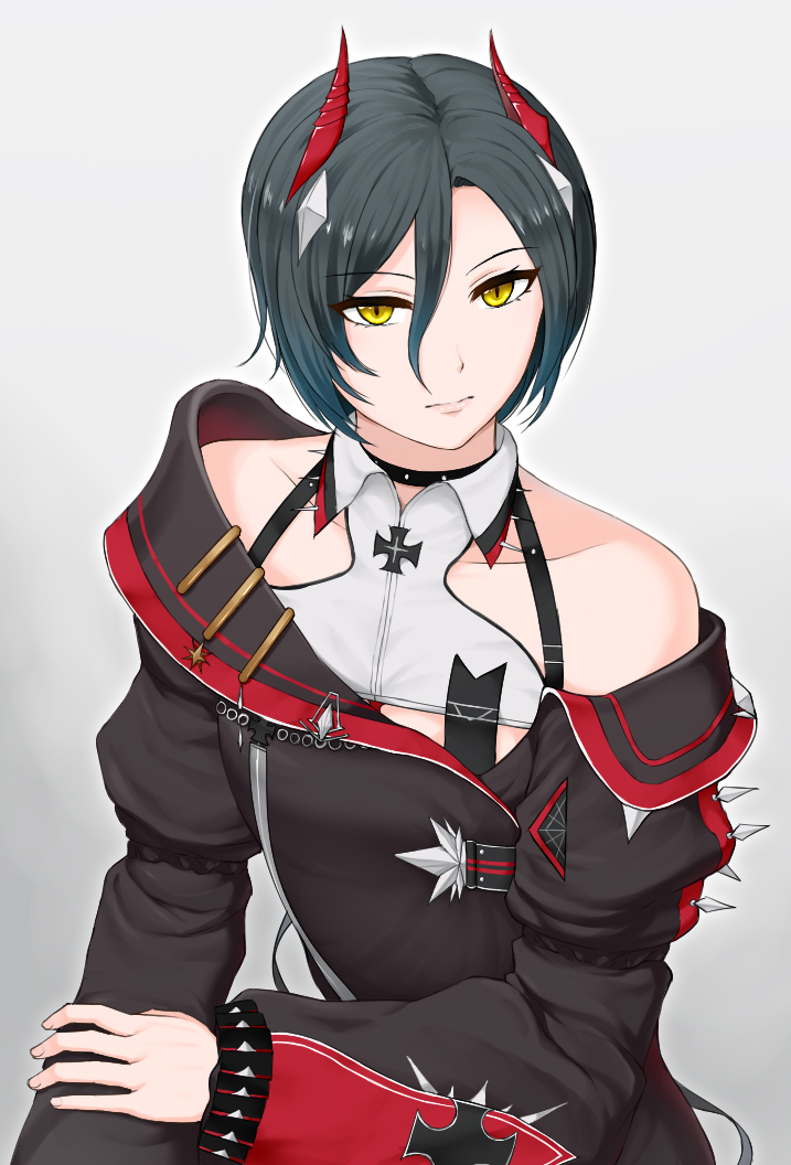 1girl asymmetrical_jacket azur_lane bare_shoulders black_hair black_jacket breast_strap cross eyebrows_visible_through_hair grey_background horns iron_cross jacket mechanical_horns pazuzu438 red_horns short_hair simple_background slit_pupils solo ulrich_von_hutten_(azur_lane) yellow_eyes