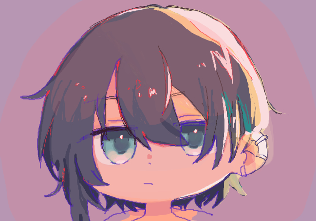 1boy bangs black_hair blue_eyes brown_background chibi closed_mouth ear_piercing eyebrows_visible_through_hair hair_between_eyes kiduta_cielo looking_at_viewer male_focus mayuzumi_kai nijisanji piercing portrait solo virtual_youtuber