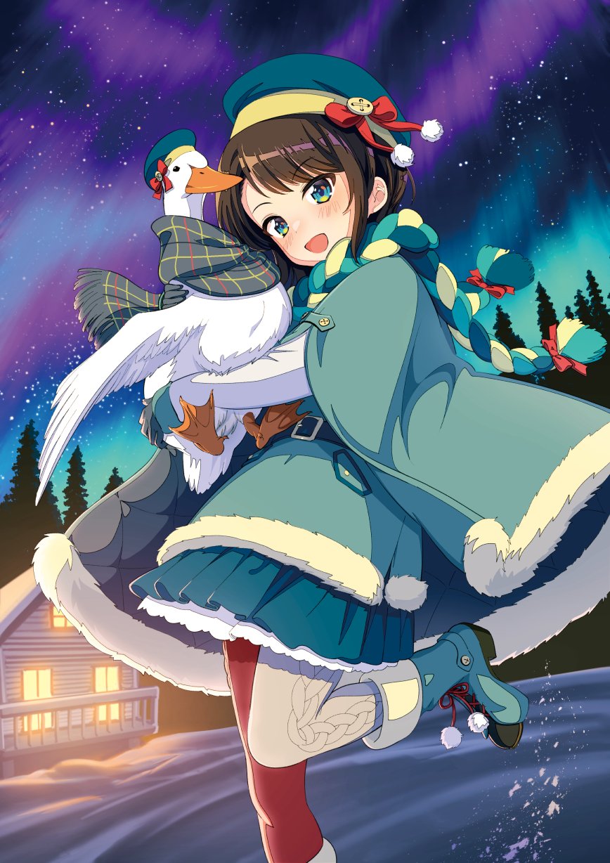 1girl animal asymmetrical_legwear aurora bangs beige_legwear bird blue_eyes blue_headwear blush boots brown_hair cabin clothed_animal coat duck fur-trimmed_coat fur_trim gloves hat highres holding hololive hotaru_iori leg_up long_sleeves looking_at_viewer night oozora_subaru open_mouth outdoors pantyhose pom_pom_(clothes) red_legwear scarf short_hair sky snow solo star_(sky) subaru_duck tree virtual_youtuber