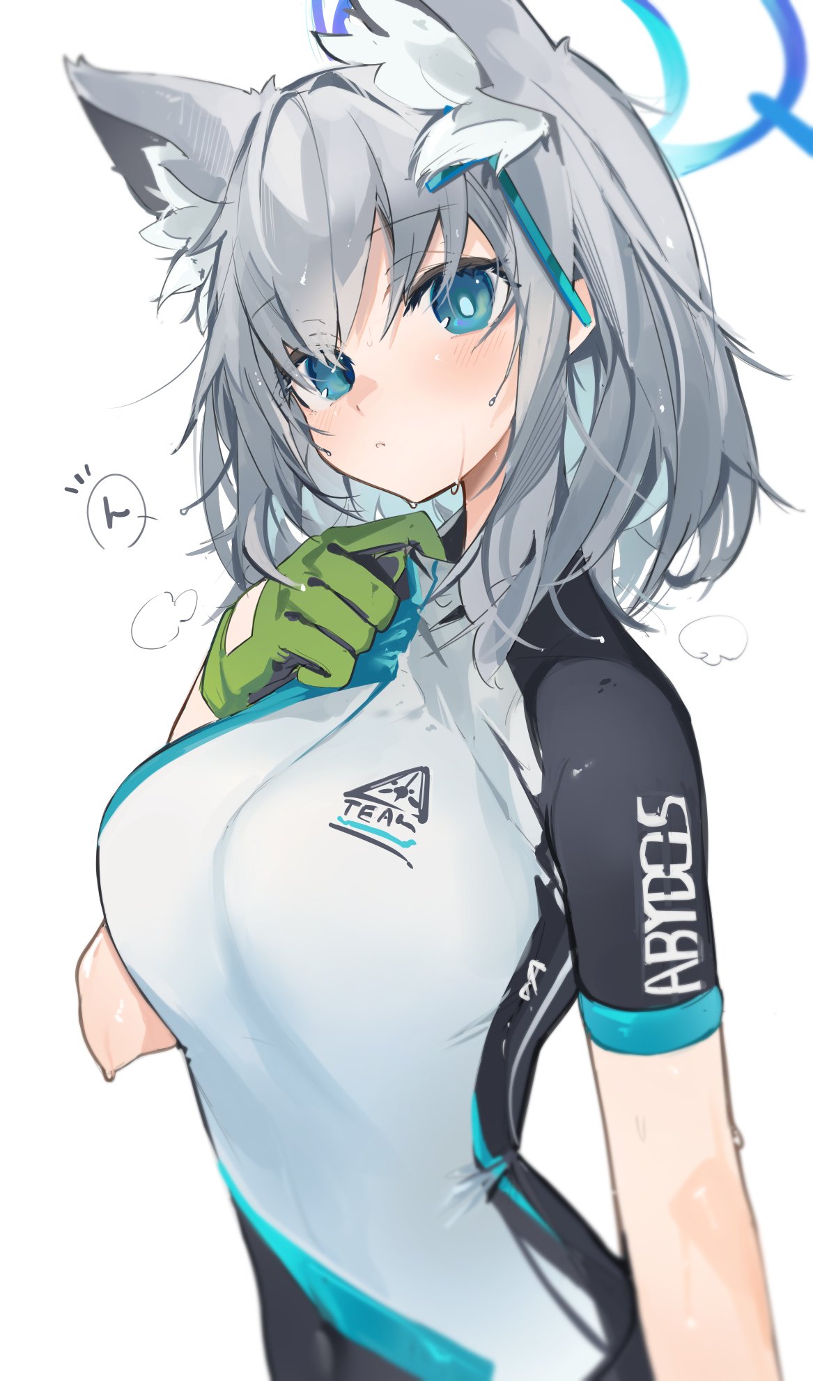 1girl animal_ear_fluff animal_ears aqua_eyes bangs bike_jersey blue_archive breasts cat_ears closed_mouth clothes_writing cross_hair_ornament eyebrows_visible_through_hair gloves green_gloves grey_hair hair_ornament halo highres large_breasts medium_hair mismatched_pupils shiroko_(blue_archive) shiroko_(cycling)_(blue_archive) simple_background single_glove solo sweat white_background