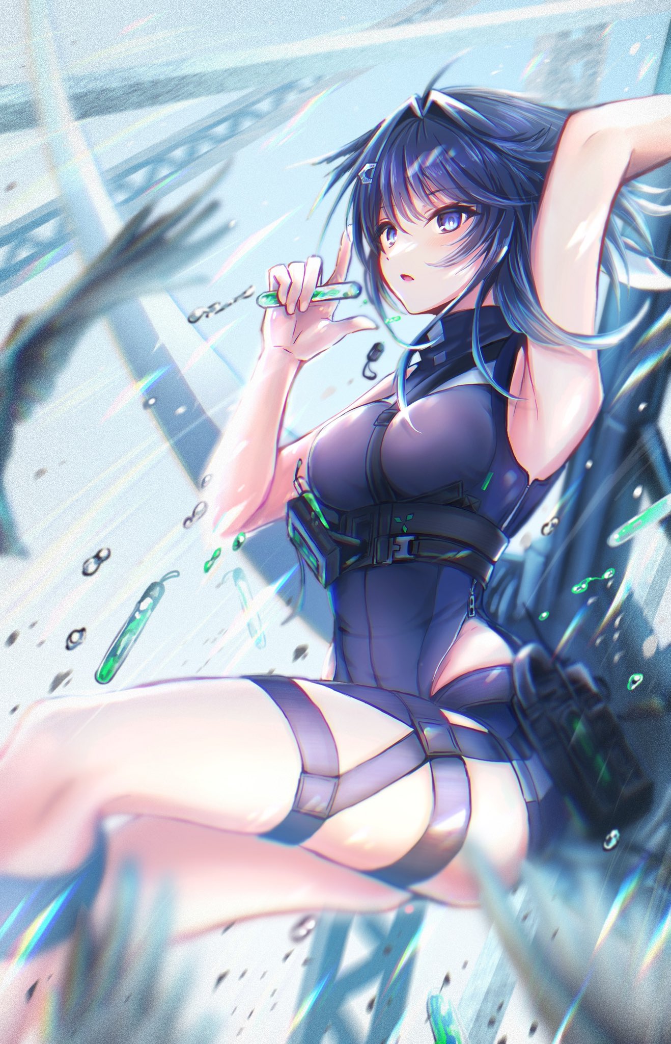 1girl 3_(sanyako1) ahoge arknights arm_up armpits bare_arms bare_shoulders bird black_hair black_shorts blush breasts feet_out_of_frame hair_intakes highres holding la_pluma_(arknights) looking_at_viewer medium_breasts motion_blur open_mouth short_hair short_shorts shorts solo test_tube thigh_strap underbust violet_eyes