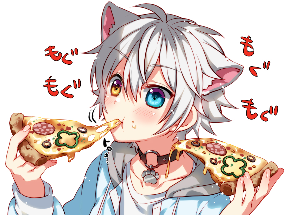 1boy animal_ears cat_boy cat_ears commentary eating english_commentary eyebrows_visible_through_hair food ginziro525 ginziro525_(vtuber) hair_between_eyes heterochromia holding holding_food indie_virtual_youtuber male_focus meal pizza_slice silver_hair virtual_youtuber white_background