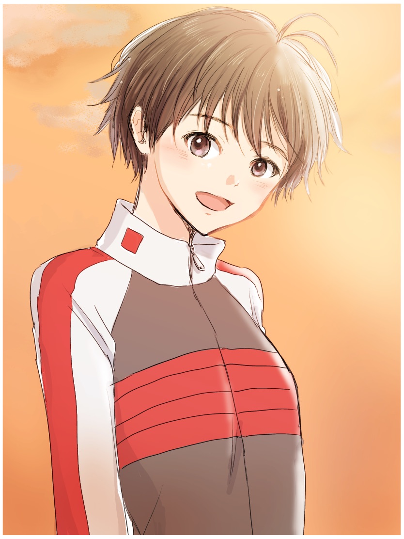 1girl :d androgynous antenna_hair bangs blush breasts brown_eyes brown_hair clouds gradient gradient_background grey_jacket high_collar idolmaster iso_(nh15mint) jacket kikuchi_makoto looking_at_viewer multicolored_clothes multicolored_jacket open_mouth orange_background raglan_sleeves red_jacket short_hair small_breasts smile solo sunset upper_body white_jacket zipper_pull_tab